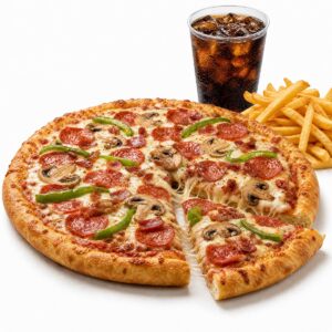 Pizza moyenne avec frites et cola dans un gobelet transparent