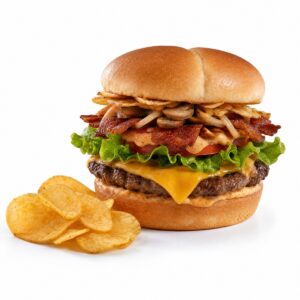 Burger Mimi avec cheddar, fromage suisse, bacon, champignons et chips