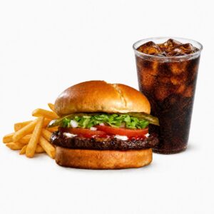 Burger régulier sans fromage avec frites et cola dans un gobelet transparent