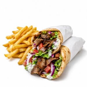 Deux pitas gyros avec frites sur fond blanc, sans liqueur