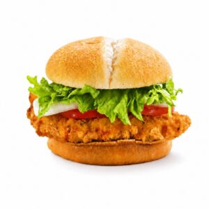 Burger poulet croustillant avec salade, tomate et oignon sur fond blanc