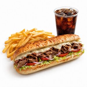 Sous-marin 11 pouces avec frites et cola dans un gobelet transparent