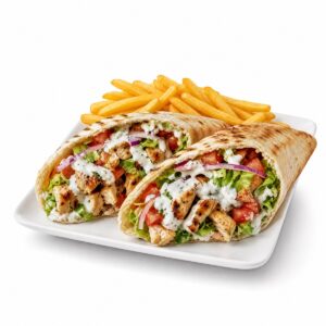 Deux pitas poulet avec frites dans l’assiette sur fond blanc, sans liqueur