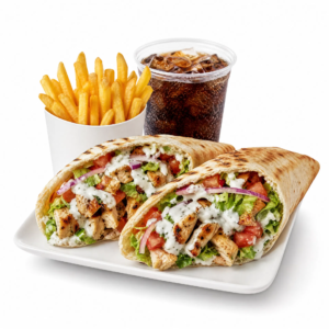 Deux pitas poulet avec frites et boisson